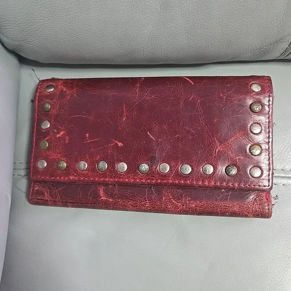 Patricia Nash Varesse Distressed Leather Studded Bifold Wallet Berry Red Tooled - Picture 1 of 9